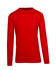 A red long sleeve T-shirt with a round neckline and fitted cuffs. It features a logo on the front.
