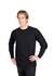 A black long sleeve T-shirt displayed on a model, featuring a simple design and fitted style.