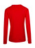 A red long sleeve T-shirt featuring a crew neck and a logo on the back.