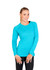 A purple long sleeve T-shirt on a woman, a grey long sleeve T-shirt on a boy, and a green long sleeve T-shirt on a man.