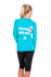 A women's long sleeve T-shirt in heather turquoise with a logo on the back, paired with black leggings.