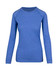 A blue women's long sleeve t-shirt with a crew neck and raglan sleeves. It has a subtle heathered pattern and a branding logo.