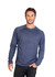 A dark heather blue long sleeve T-shirt featuring a casual design and a logo.
