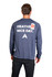 A navy long sleeve t-shirt featuring a logo and text on the back. The fabric has a heathered texture.