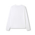 A white long sleeve T-shirt with a simple design and a logo on the back.