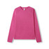 A pink long sleeve t-shirt with a heather texture and raglan sleeves. It features a logo on the front.