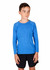 A long sleeve T-shirt in blue, featuring a fitted style and round neckline, worn with black shorts.