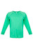A green long sleeve T-shirt with raglan sleeves and a tag at the neckline. It features a logo on one side.
