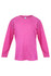 A long sleeve T-shirt in a vibrant pink hue, designed for kids, featuring a raglan style and a logo.