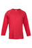 A red long sleeve t-shirt with a textured finish and a simple crew neck design. It features raglan sleeves and has a logo.