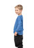 A child in a blue stone-wash long sleeve T-shirt paired with black pants, standing sideways with a smile.