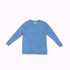 A blue stone wash long sleeve T-shirt with a round neck and long sleeves. It features a logo.