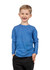 A blue stone wash long sleeve T-shirt worn by a smiling child, with a brand logo visible.