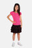 A pink short puff sleeve T-shirt paired with a black plaid skirt, worn by a smiling girl.