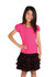 A bright pink short puff sleeve T-shirt paired with a black and red plaid ruffled skirt. Features a logo.