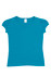 A teal girls' short puff sleeve T-shirt with a round neckline and a label at the collar.