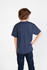 A navy crew neck T-shirt for kids, featuring short sleeves and a plain design, with a branded logo on the back.