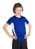 A blue and white kids' T-shirt featuring short sleeves, paired with black shorts, displayed on a young model.