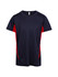 A navy blue and red kids’ T-shirt with short sleeves and a logo. Lightweight, moisture-wicking fabric is featured.