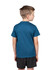 A blue 100% polyester kid's T-shirt seen from the back, worn with black shorts. The shirt features a logo.