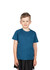 A blue kid's T-shirt made of 100% polyester, featuring a simple design and a logo.