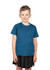A boy in a blue, 100% polyester T-shirt stands against a white background. The shirt has a simple design and a logo.