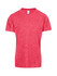 A red Kid's Challenger 100% polyester T-shirt with a smooth texture and a logo.