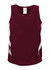 A maroon kids' singlet with white side accents and a logo on the label.