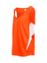 An orange singlet with white side panels, featuring a logo on the fabric. Ideal for kids' active wear.