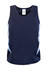 A navy blue kids' singlet featuring light blue accents and a branded label at the neckline.