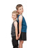 A grey and a blue kids' polyester singlet worn by two children, standing side by side. The singlets have a logo.