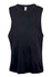 A black sleeveless tank top featuring a simple design and a branding logo.