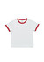 A white children's T-shirt with red ringer details on the collar and sleeves, featuring a logo.