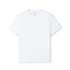 A white t-shirt, short-sleeved, with a simple design and a logo on the label.