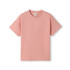 A pink kids' t-shirt with a round neck and short sleeves, featuring a logo on the label.