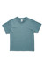 A teal children's t-shirt with short sleeves and a round neckline, featuring a logo on the label.