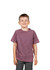 A stone wash T-shirt in a muted purple shade, worn by a smiling boy, with a simple logo on the shirt.