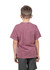 A kid's stone wash T-shirt in mauve, displayed on a child from the side, featuring a simple design and a logo.