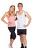 A man wears a white singlet with black shorts, while a woman models a pink tank top and black leggings. Both are smiling.