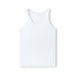 A white men’s singlet featuring a round neckline and a smooth texture. It has a logo on the label.