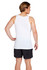 A man wearing a white American style singlet paired with black shorts, standing in profile.