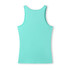 A women's singlet in a vibrant aqua colour, featuring a simple design and a logo on the back.
