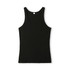 A black women's singlet with a scoop neck and wide shoulder straps. It features a branding logo.