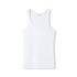 A white women's singlet with a scoop neckline and a fitted design, featuring a logo.