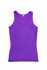 A purple women's singlet with a sleeveless design and a rounded neckline, featuring a logo.