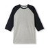 Men's/unisex 3/4 sleeve raglan T-shirt featuring a grey body and navy blue sleeves, with a branding logo.