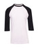 A unisex 3/4 sleeve raglan T-shirt featuring a white body and black sleeves. Includes a logo.