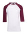A unisex 3/4 sleeve raglan T-shirt featuring white fabric with burgundy sleeves and a logo on the label.