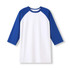 A white 3/4 sleeve raglan T-shirt with blue sleeves and a logo on the chest.