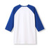 A unisex 3/4 sleeve raglan T-shirt featuring white fabric with blue sleeves and a logo on the back.